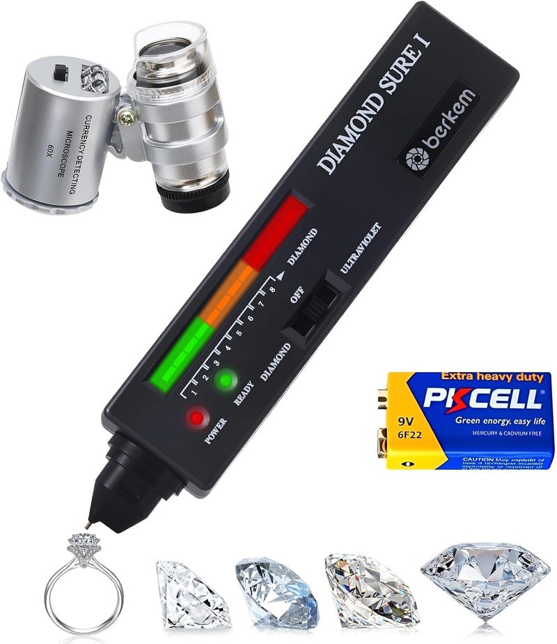 VALKYNOS Diamond Tester Kit with 60X Loupe & UV Light, Thermal Conductivity Diamond Tester Pen for Real Diamonds, Detects CZ, LED & Audible Alert, Tests Small & Mounted Jewelry (2pt / 0.02 ct+) - Image 1